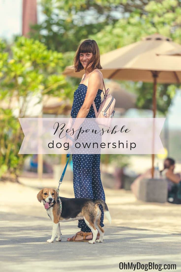 A white woman with brown hair cut to shoulder length and bangs stands on a sidewalk in front of an outdoor cafe holding a blue leash connected to a panting beagle dog. In the background, people sit under sun umbrellas chatting. The woman has a pink backpack slung on her shoulder and a bit smile on her face. The text overlay reads: Responsible dog ownership. 