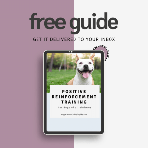 A square clickable image, the left half in mauve and the right half is light gray. There's a tablet in the center with the cover of the ebook, Positive Reinforcement Training for Dogs of All Abilities, which has a close up of a smiling pit bull mix. The text along the top reads: Free Guide, get it delivered to your inbox. 